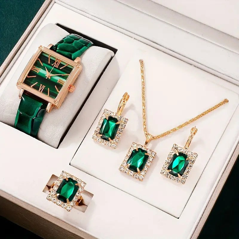 Divashine Jewelry Gift Set featuring a watch, necklace, earrings, and ring with green gemstones