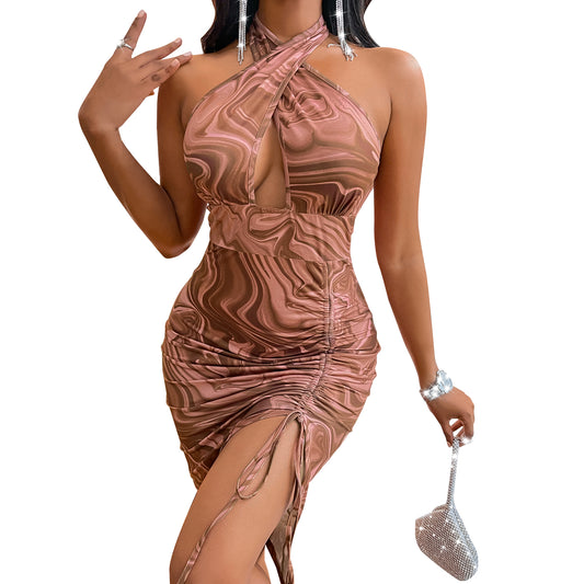 Euroglam halterneck maxi dress in brown marble print featuring a fitted silhouette and side slit