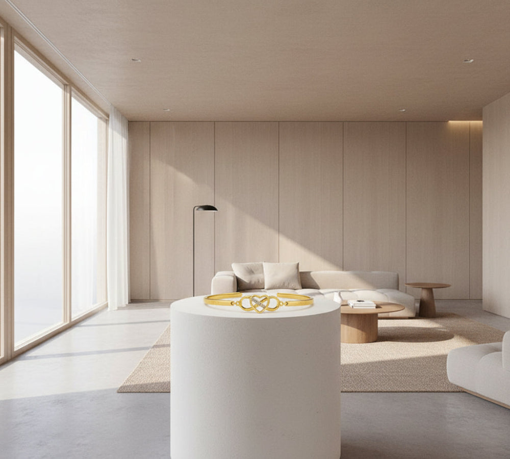 Stylish 3Sixty5 Forever Love Bracelet Gift in Gold on a Model's Wrist with a Red Checked Top