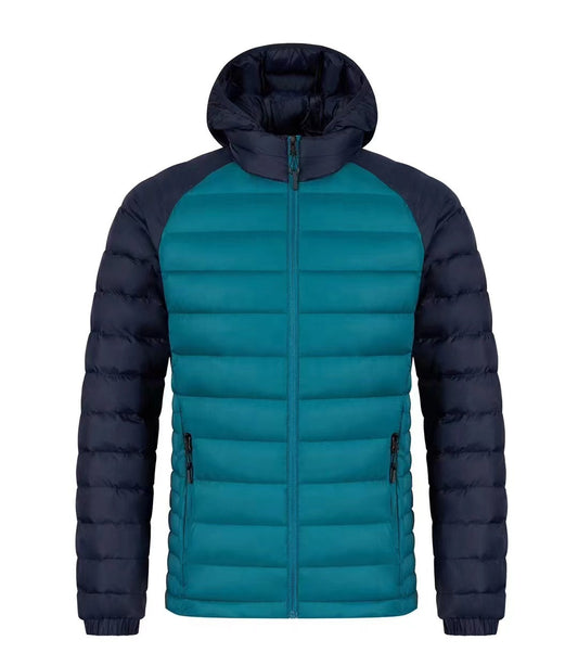 FrostGuard men's jacket in teal and navy with a zip front and padded design for warmth