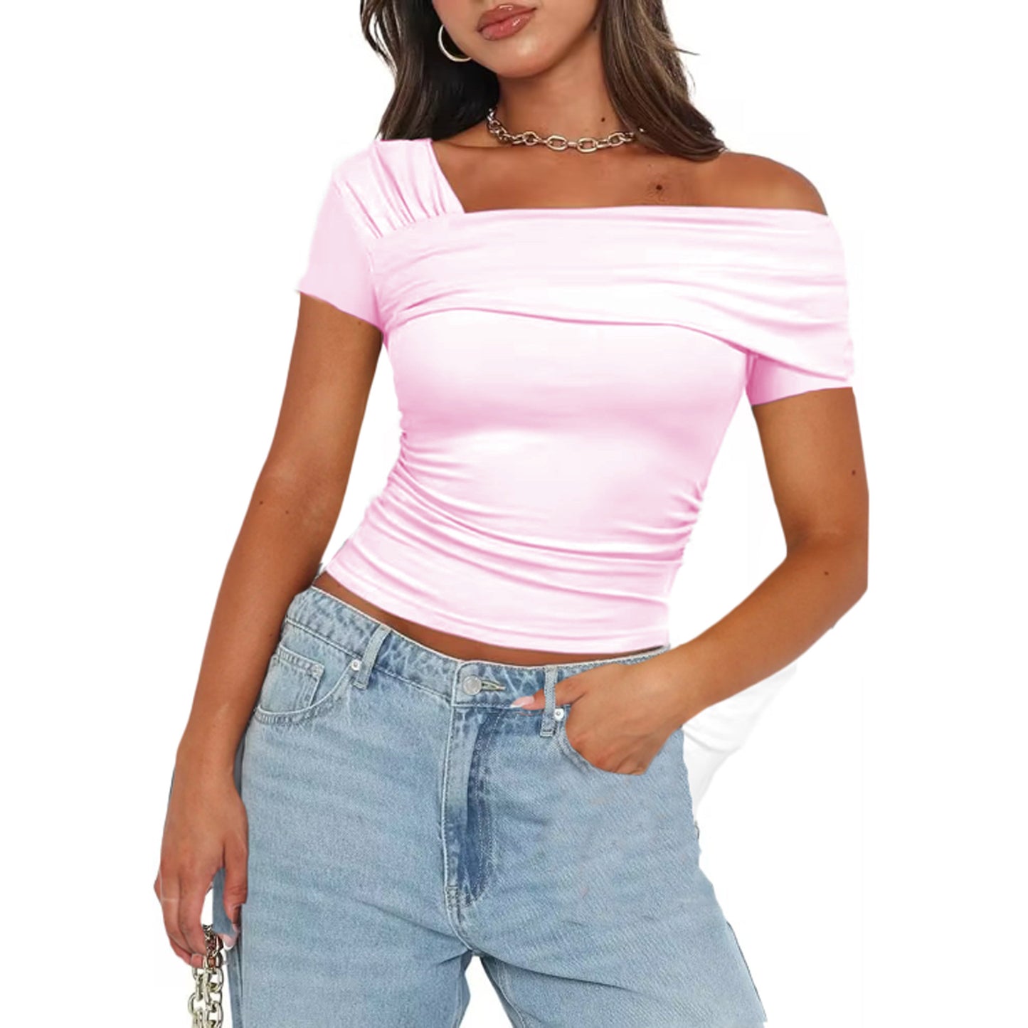 Stylish 3Sixty5 glow off-shoulder top in pink with ruched design and fitted style