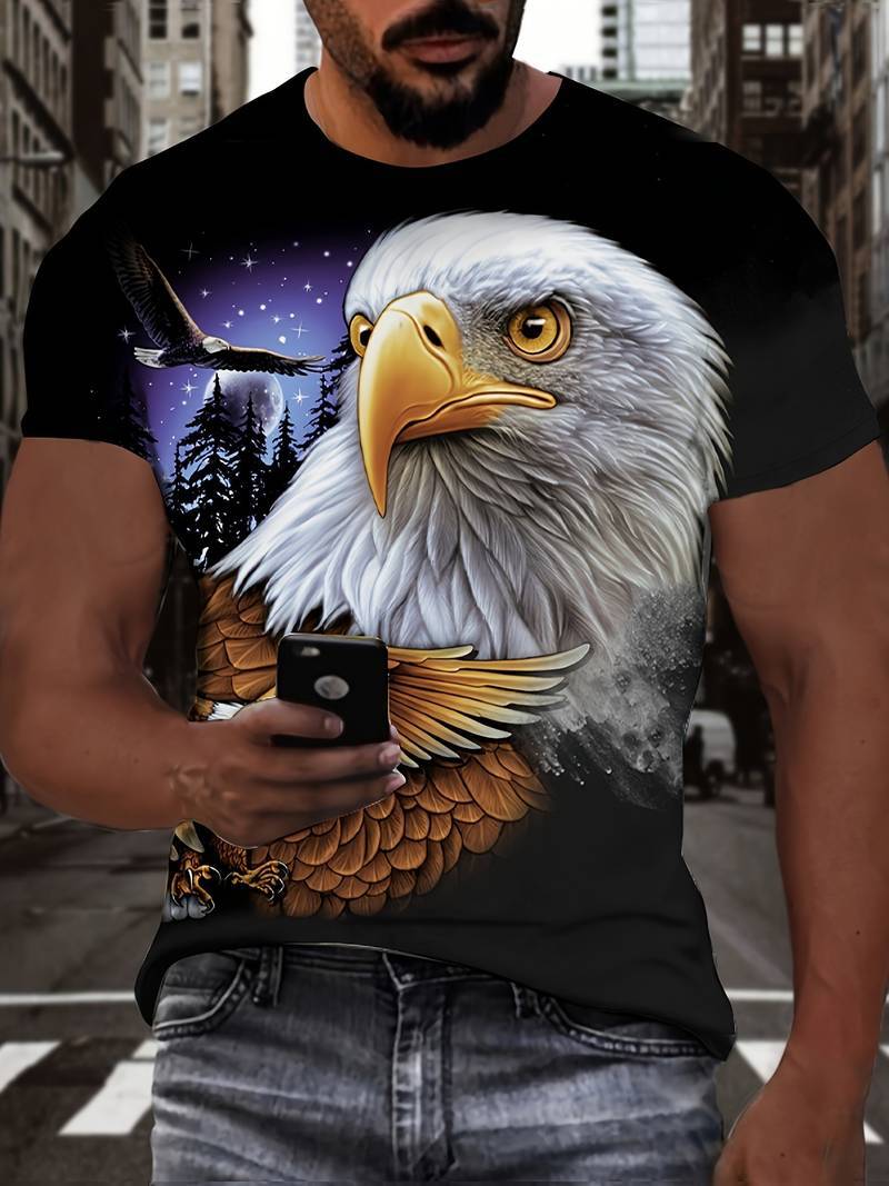 Men's graphic eagle top by Stylish 3Sixty5 featuring a vibrant eagle design on a black background