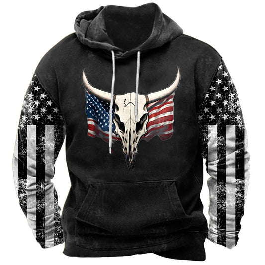 Iron Freedom men's hoodie featuring a bull skull design and American flag sleeves for a bold style