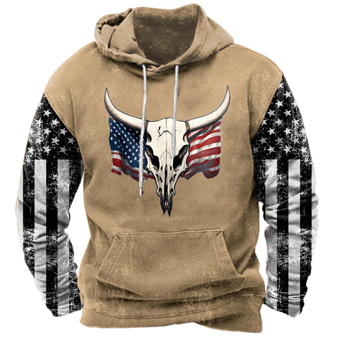 Iron Freedom men's hoodie with bull skull design and American flag sleeves for patriotic style