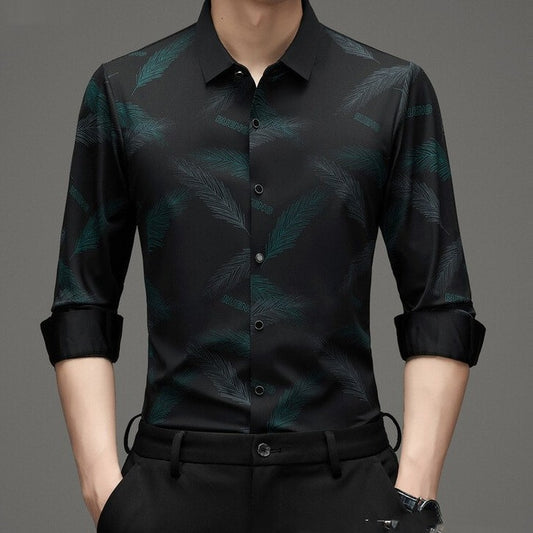 Stylish 3Sixty5 long sleeve men's fashion shirt with a modern leaf pattern in dark colors