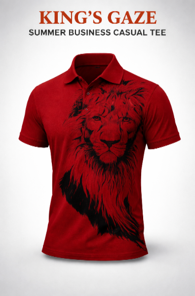 Men's business casual lion tee in red featuring a bold lion graphic for a stylish look