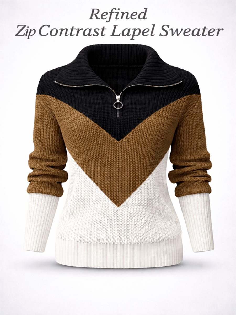 Refined Zip Contrast Lapel Sweater - Stylish 3Sixty5