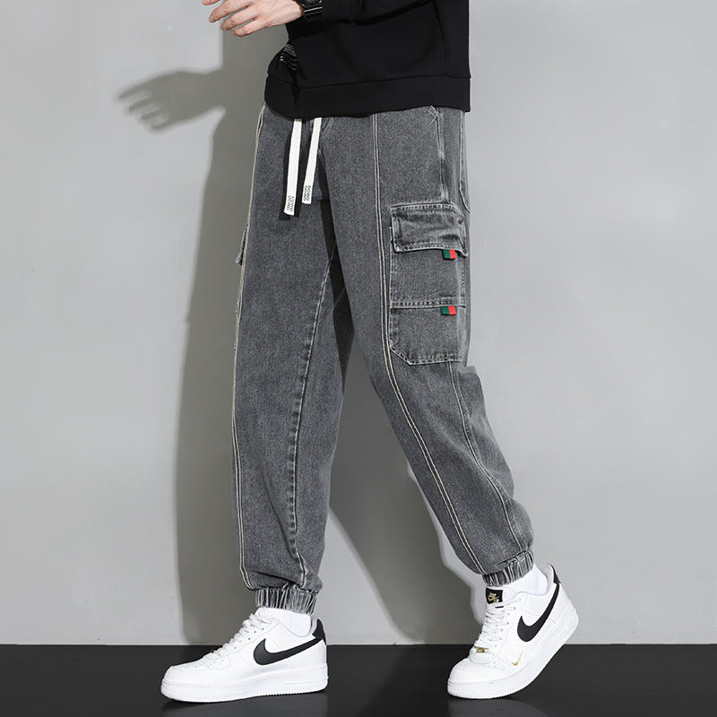 Gray Stylish 3Sixty5 retro men's utility denim pants with cargo pockets and elastic cuffs