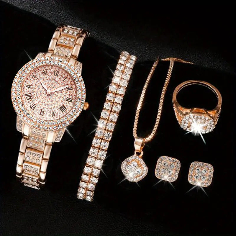 Stylish 3Sixty5 jewelry set featuring a Roman numeral watch for women with sparkling accents and matching accessories