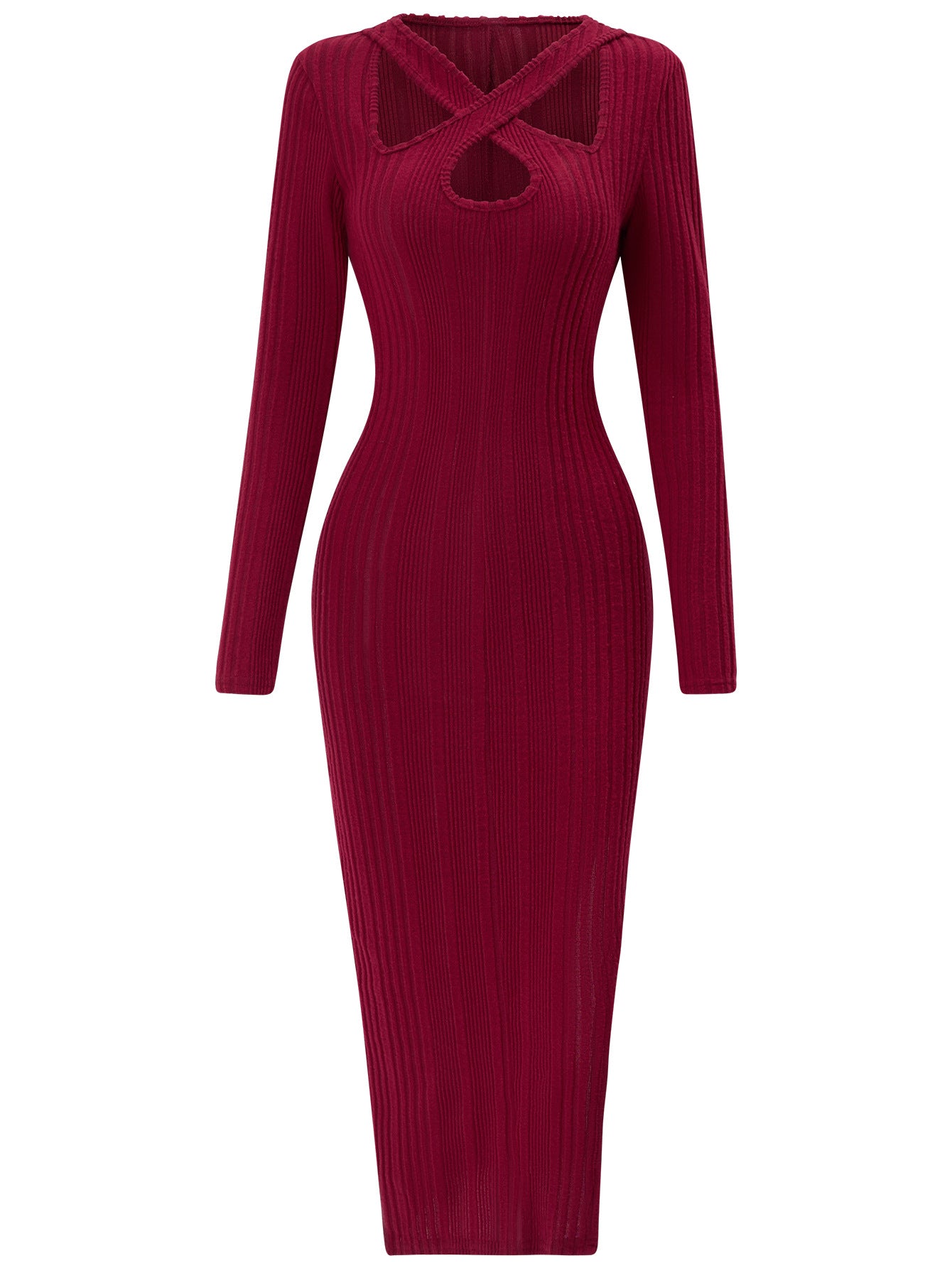 Stylish 3Sixty5 Serenique Halter Dress elegant in burgundy with ribbed texture and long sleeves