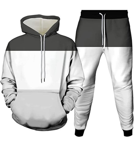 Stylish 3Sixty5 sleek jogger and sweater outfit in gray and white for a modern casual look