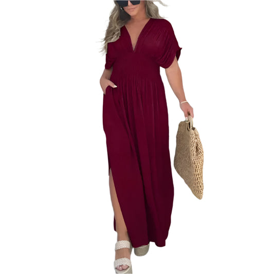 Elegant burgundy slit summer dress by Stylish 3Sixty5 with a flattering V-neck and flowy design