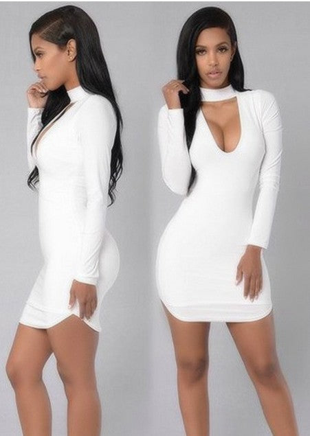 Stylish 3Sixty5 sparkle cocktail dress in white with long sleeves and a deep v-neck design
