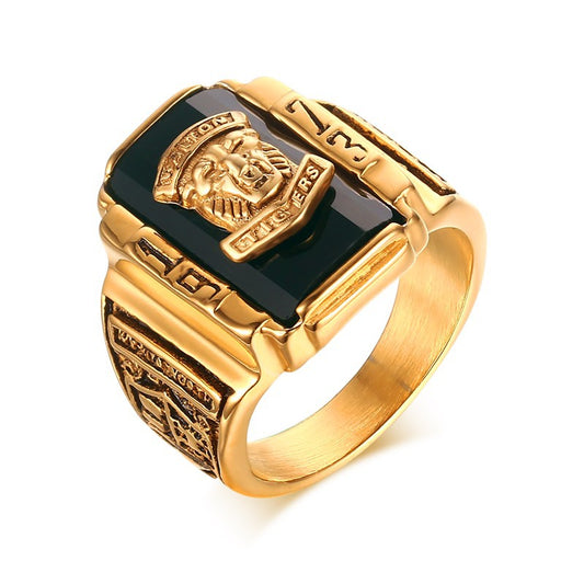Stylish 3Sixty5 TitanTiger 1973 ring in gold with black stone and detailed engraving