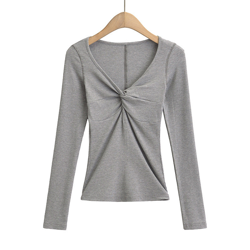 Stylish 3Sixty5 Twisted Allure French Crop Top in grey with long sleeves and a unique twisted design