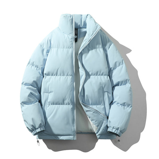 Light blue warm couples' down coat with a cozy design and zipper closure for chilly weather