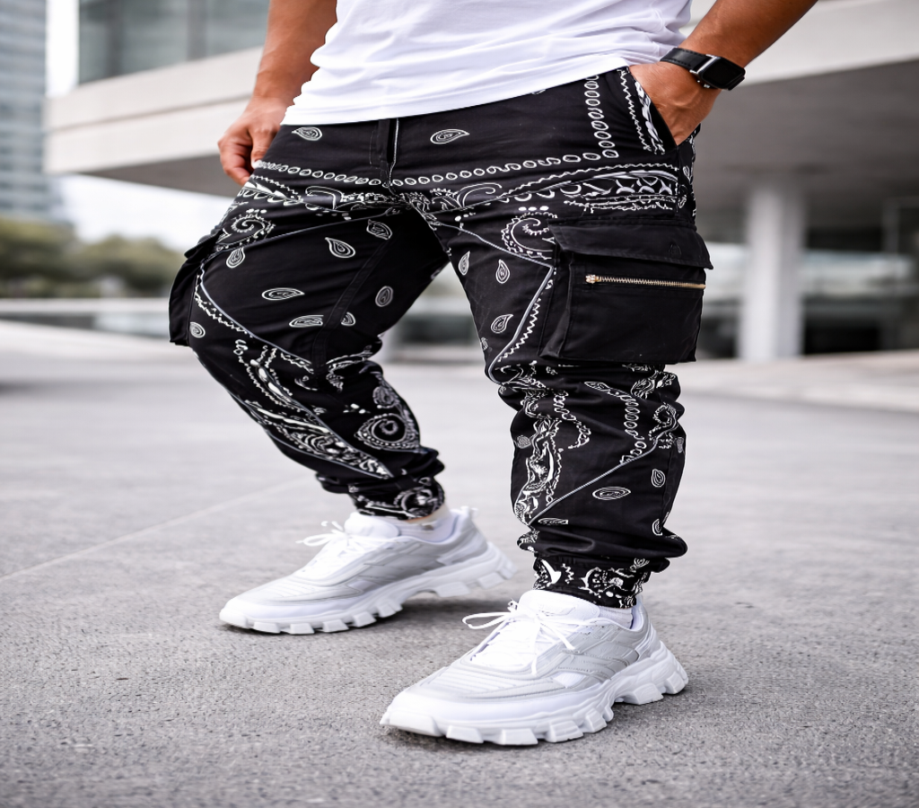 Stylish 3Sixty5 alpha drift wide-leg pants in black with bandana print and cargo pockets