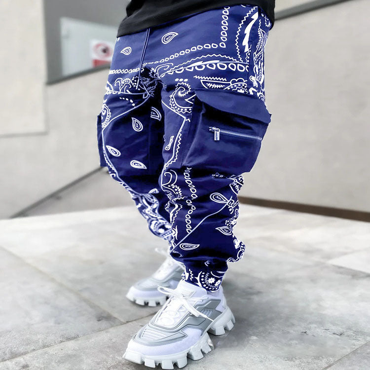 Stylish 3Sixty5 alpha drift wide-leg pants in blue with bandana print and cargo pockets