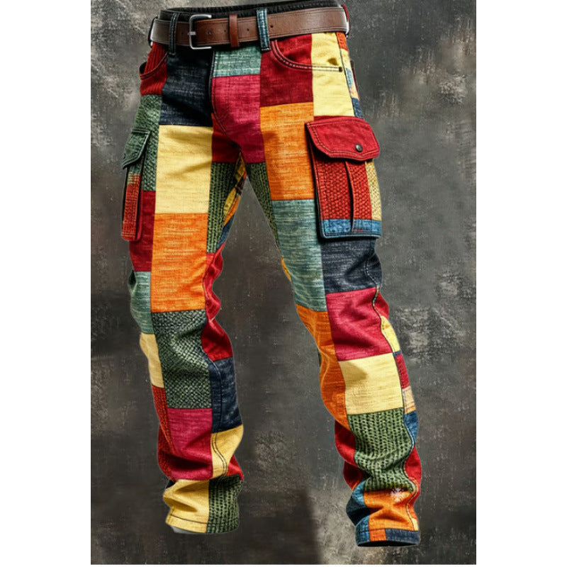 Stylish 3Sixty5 bold design cargo trousers in vibrant colors and unique patchwork style