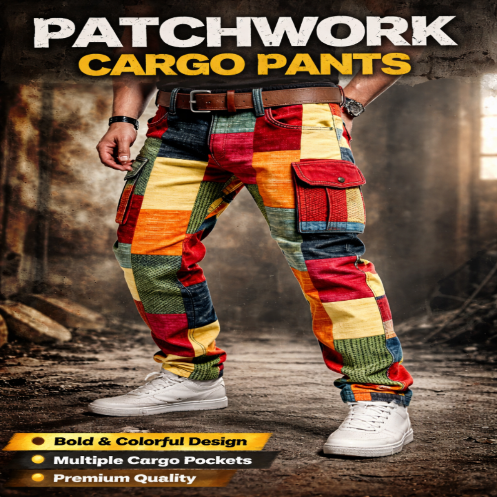 Stylish 3Sixty5 bold design cargo trousers with colorful patchwork and multiple pockets