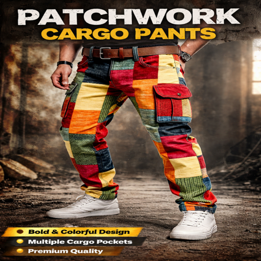 Stylish 3Sixty5 bold design cargo trousers with colorful patchwork and multiple pockets