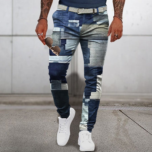 Stylish 3Sixty5 bold printed men's pants in blue and gray with a tapered fit