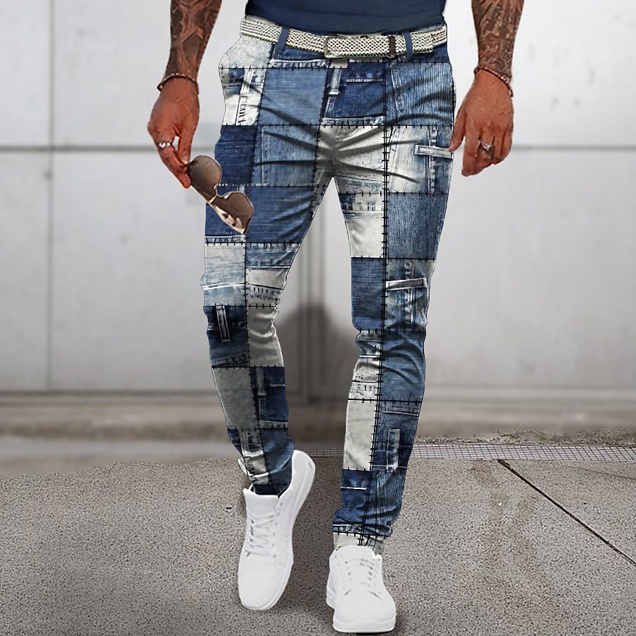 Stylish 3Sixty5 bold printed men's pants in a patchwork denim design for a trendy look