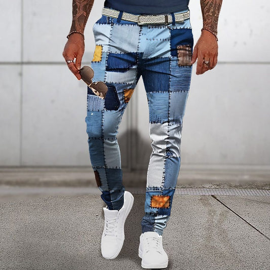 Stylish 3Sixty5 bold printed men's pants with patchwork design in blue and white for a trendy look