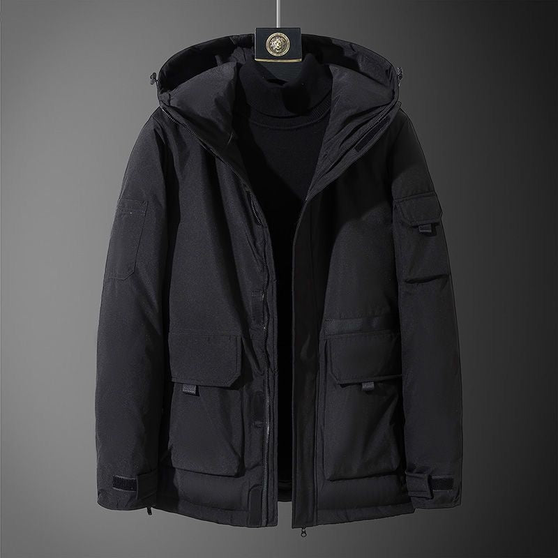 Stylish 3Sixty5 Campus Quest All-Weather Coat in black with multiple pockets and adjustable hood