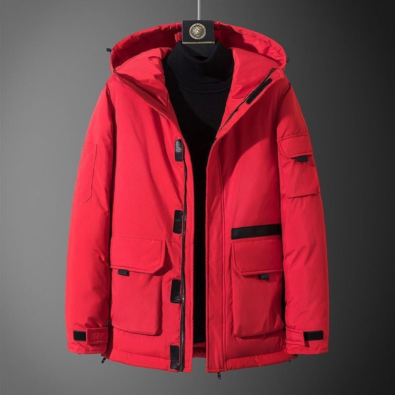 Stylish 3Sixty5 Campus Quest All-Weather Coat in vibrant red with multiple pockets and hood