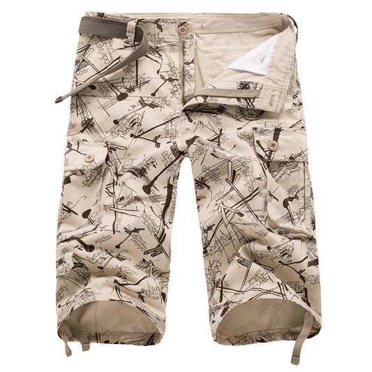 Coastline Casuals printed shorts in beige with unique graphic design and cargo pockets for comfort