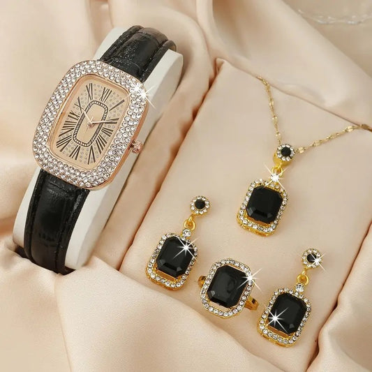 Divashine Jewelry Gift Set featuring a watch, necklace, and earrings with black stones and sparkling accents