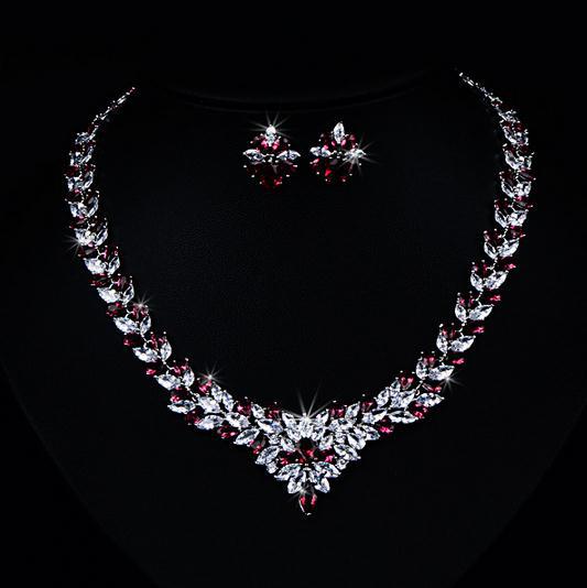 Elegant floral zircon jewelry set featuring a sparkling necklace and matching earrings