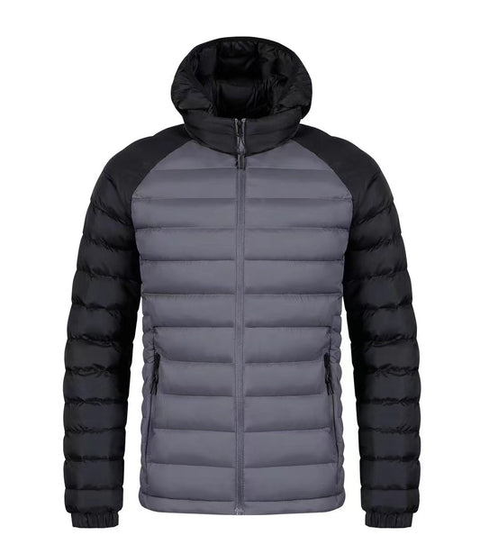 FrostGuard men's jacket in black and grey with a hood, ideal for winter warmth and comfort