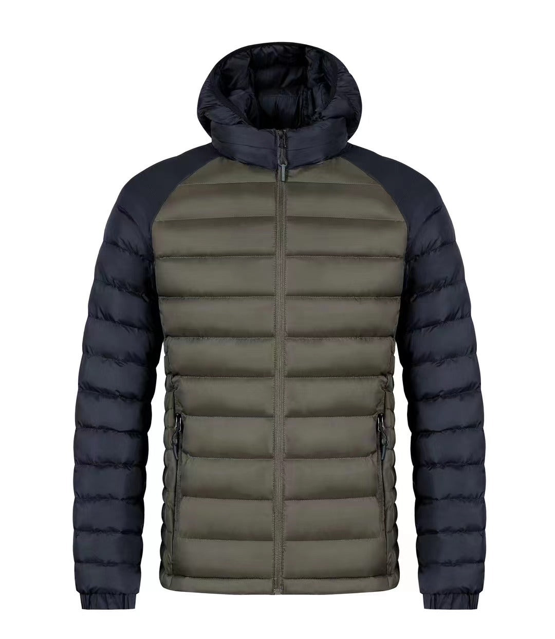 FrostGuard men's jacket in green and black, featuring a warm padded design and adjustable hood