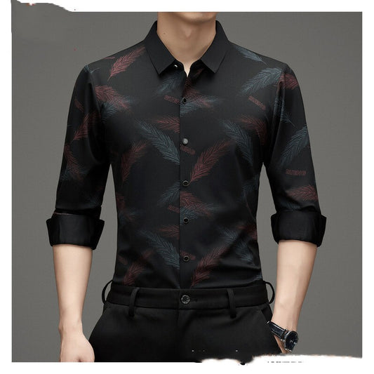 Stylish 3Sixty5 long sleeve men's fashion shirt with a modern leaf pattern in black and maroon