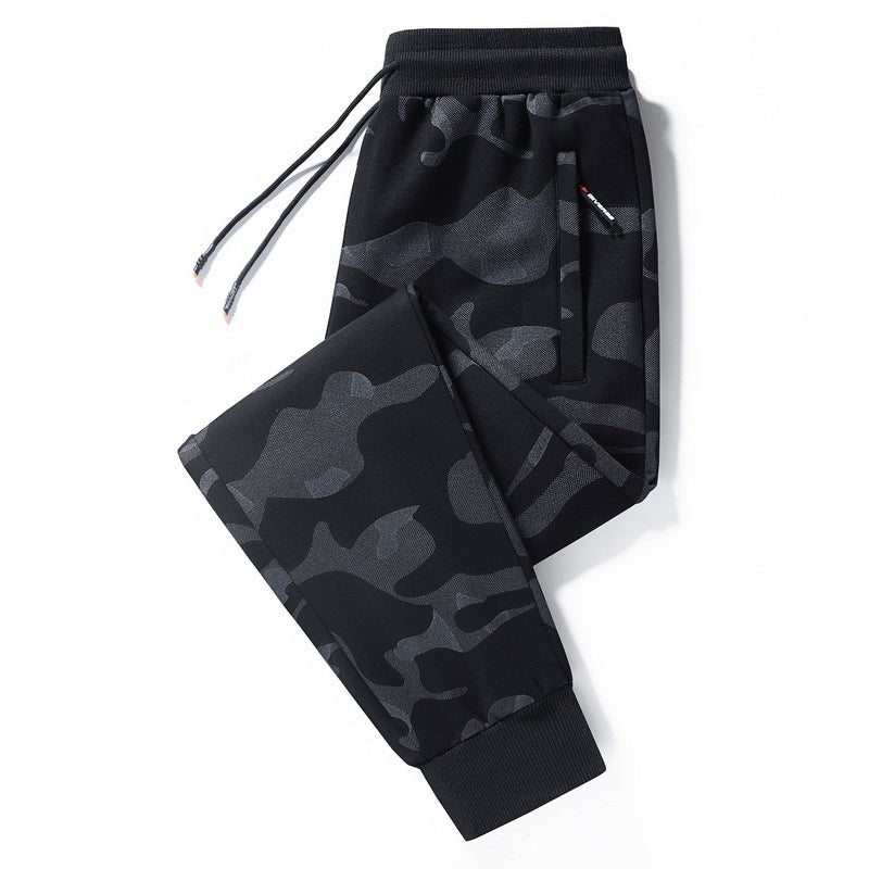 Stylish 3Sixty5 men's autumn joggers in black camo print with drawstring waist and side pockets