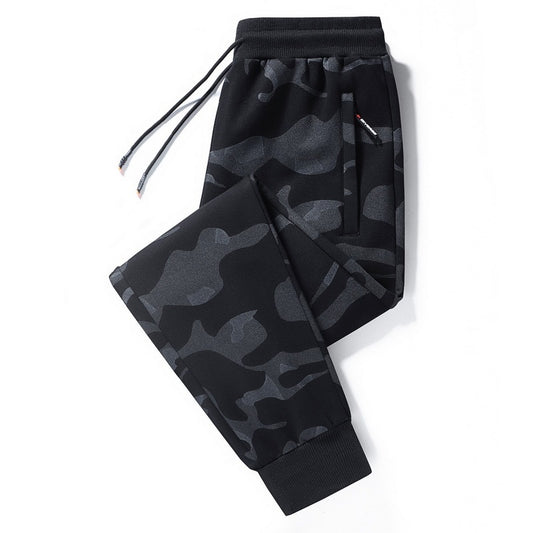 Stylish 3Sixty5 men's autumn joggers in black camo print with drawstring waist and side pockets