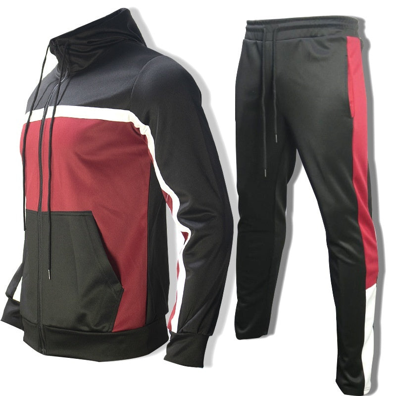 Stylish 3Sixty5 men's contrast sweatshirt set featuring a zip-up jacket and matching pants in black and maroon