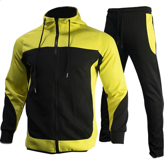 Stylish men's contrast sweatshirt set in black and neon yellow with zip-up jacket and matching pants