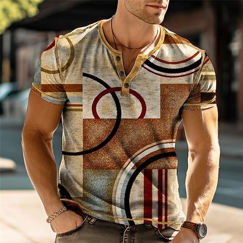 Stylish 3Sixty5 men's relaxed fit short sleeve top with abstract geometric patterns in warm colors