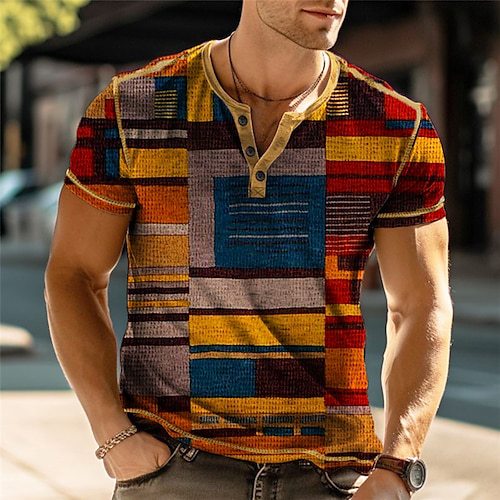 Stylish men's relaxed fit short sleeve top with colorful geometric pattern and buttons