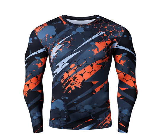 Stylish 3Sixty5 men’s soft long sleeve tee with bold orange and blue abstract patterns