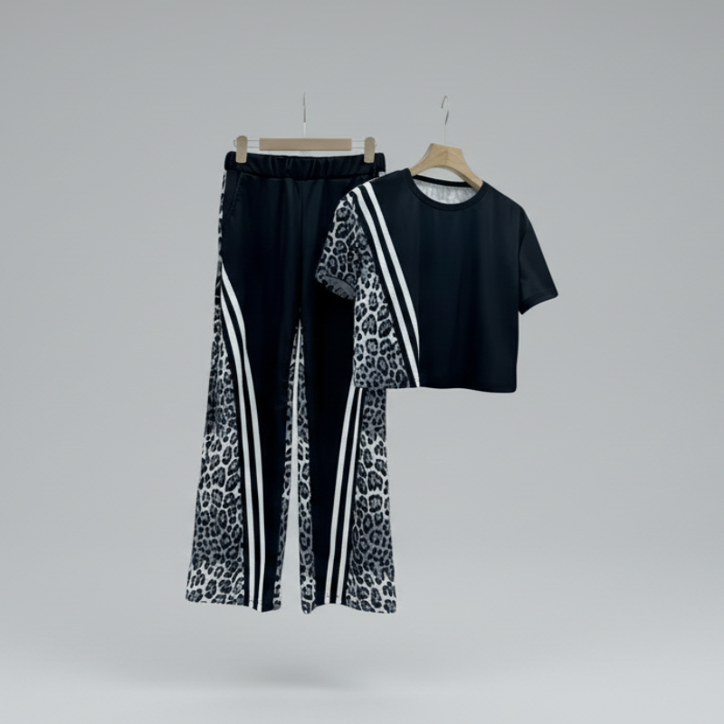 Stylish 3Sixty5 modern matching set for women featuring a cropped top and wide-leg pants with leopard print accents
