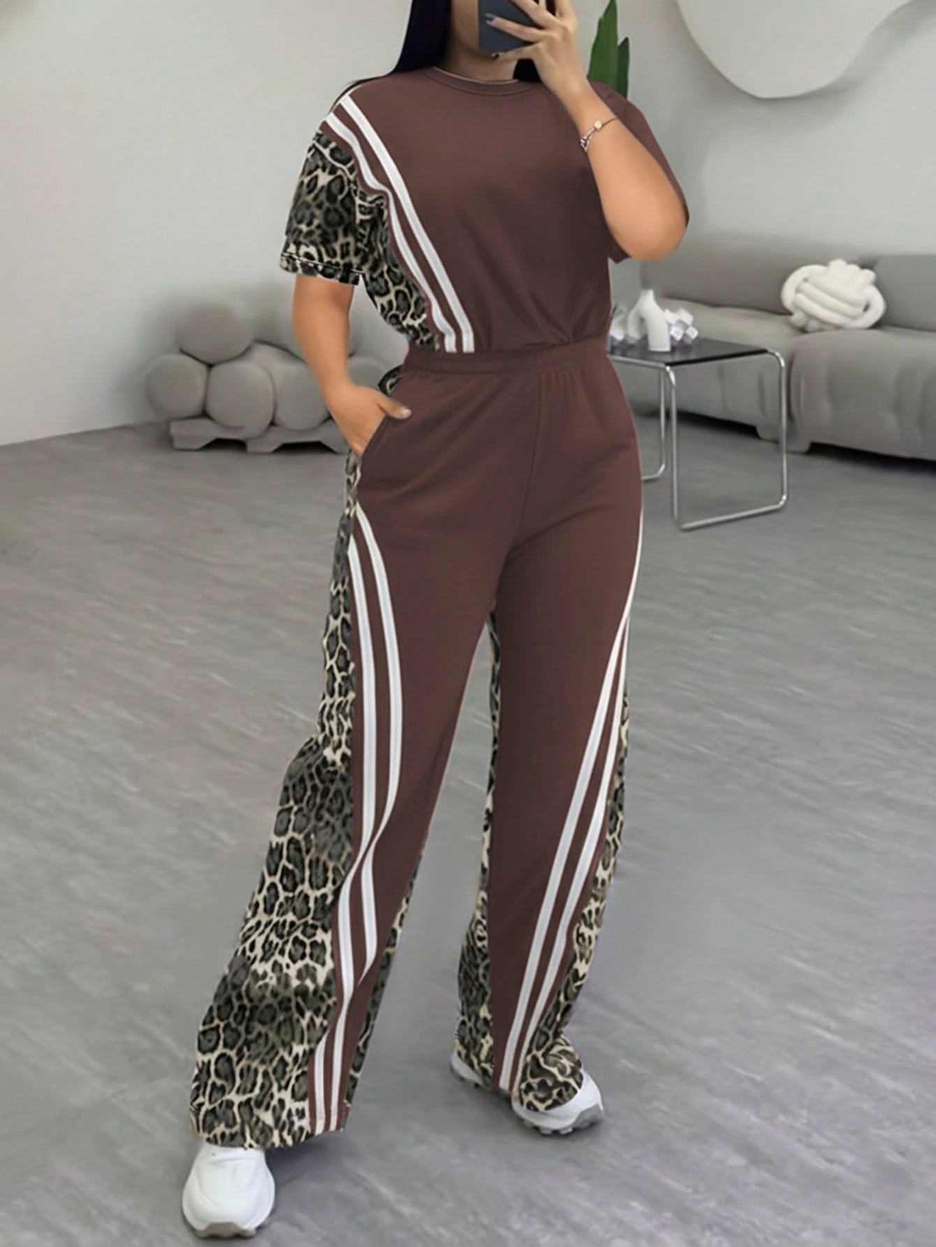 Stylish 3Sixty5 modern matching set for women in brown and leopard print design with comfortable fit