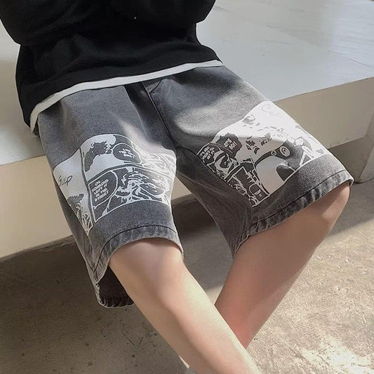 Nextwave street denim shorts featuring unique comic-style prints for a trendy casual look