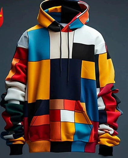 Colorful pixel block hooded sweatshirt with a vibrant geometric design for stylish outfits