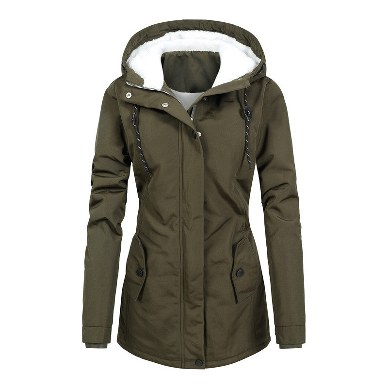 Stylish 3Sixty5 polar contour coat for women in olive green with cozy fleece lining and adjustable hood