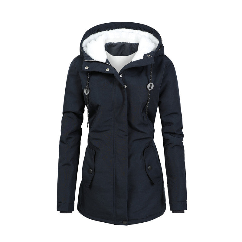 Stylish 3Sixty5 polar contour coat for women in navy with a cozy fur-lined hood