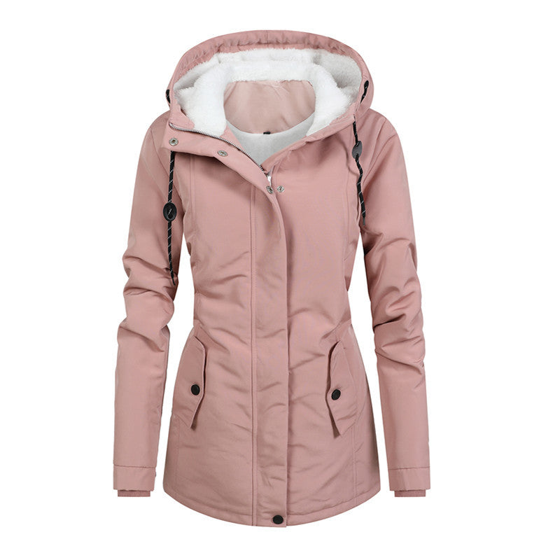 Stylish 3Sixty5 polar contour coat for women in pink with a cozy hood and front pockets
